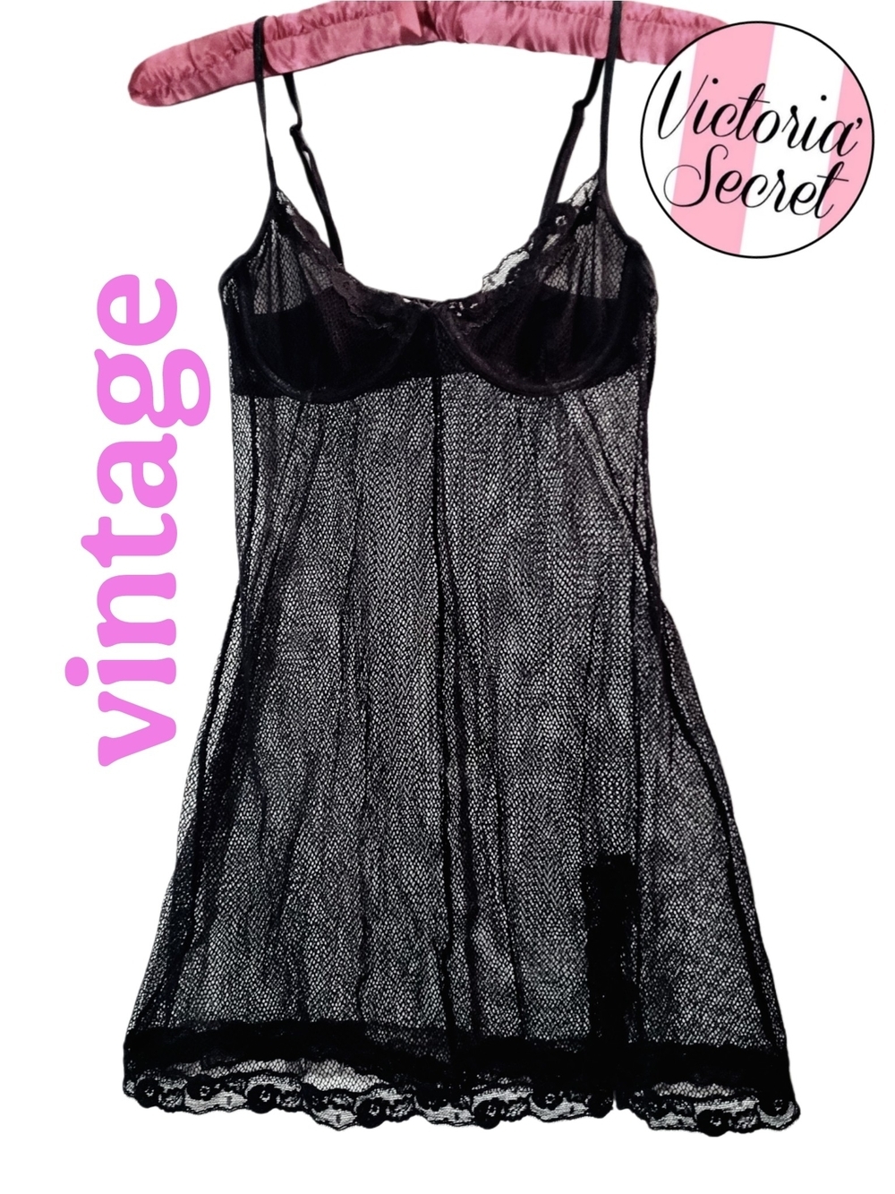 1990s Victoria's Secret Black Sheer Lace Mesh Slip/ Chemise Size 34B